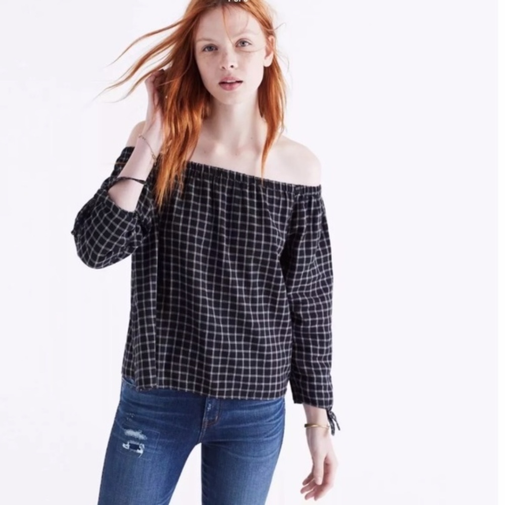 Madewell Black and White Plaid Off the Shoulder